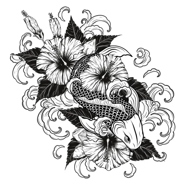 Koi Pescado Hibiscus Tatuaje Por Dibujo Mano Tattoo Arte Altamente — Vector de stock