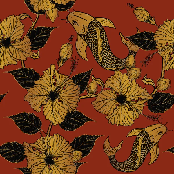 Koi Ψάρια Και Hibiscus Μοτίβο Λουλούδι Χέρι Drawing Tattoo Τέχνη — Διανυσματικό Αρχείο