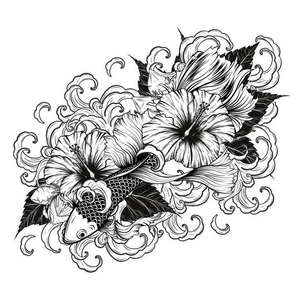 Koi Ryby Hibiscus Tetování Ručně Kreslení Tattoo Umění Velmi Podrobně — Stockový vektor