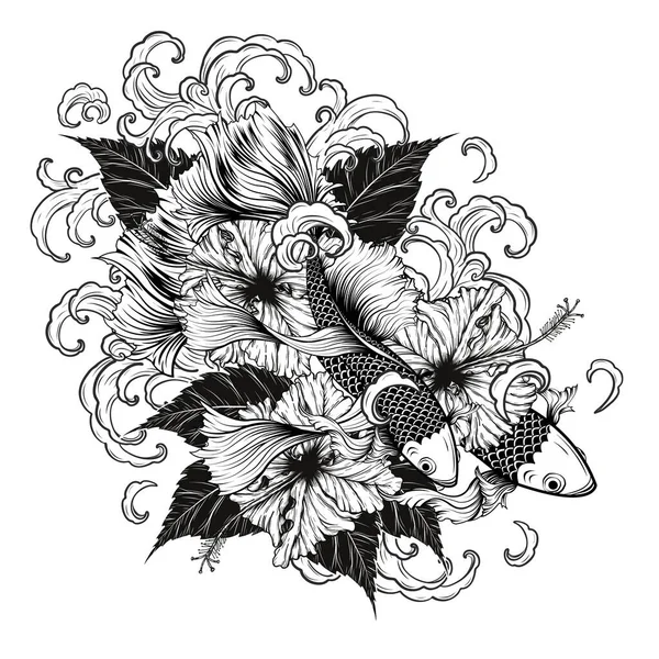 科伊鱼和芙蓉的纹身是手绘的 纹身艺术在线条艺术风格上非常精细 — 图库矢量图片