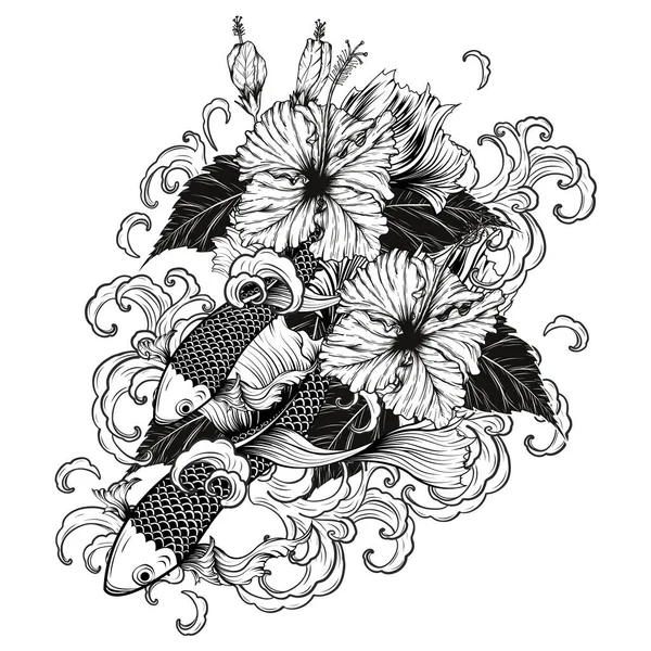 Koi Pescado Hibiscus Tatuaje Por Dibujo Mano Tattoo Arte Altamente — Vector de stock