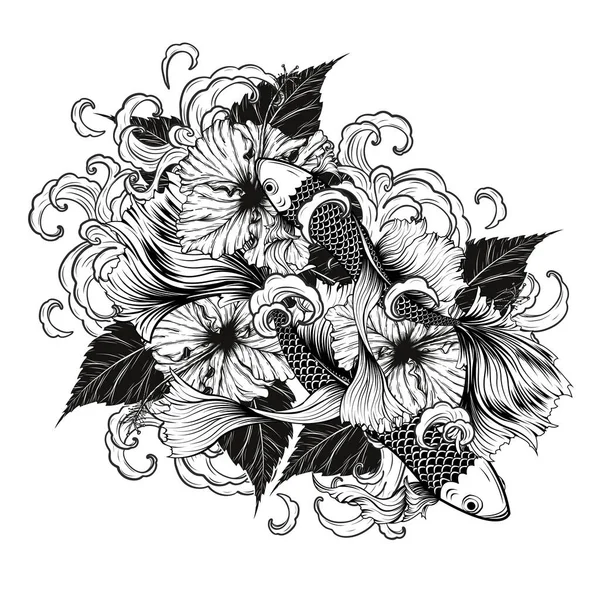Koi Pescado Hibiscus Tatuaje Por Dibujo Mano Tattoo Arte Altamente — Archivo Imágenes Vectoriales