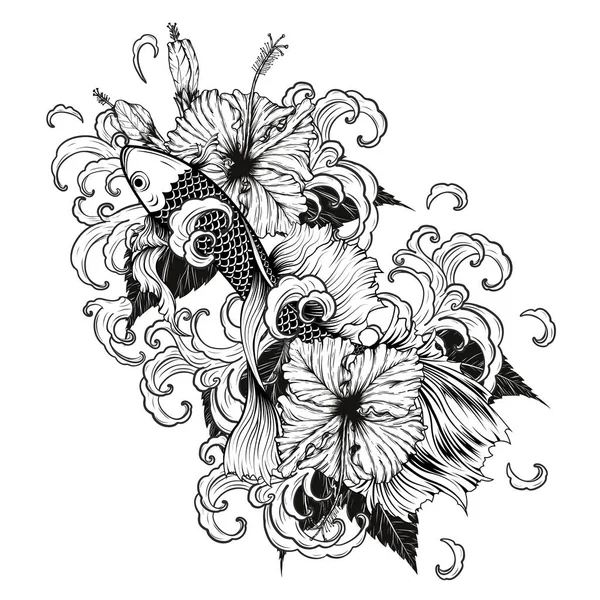 Koi Pescado Hibiscus Tatuaje Por Dibujo Mano Tattoo Arte Altamente — Vector de stock
