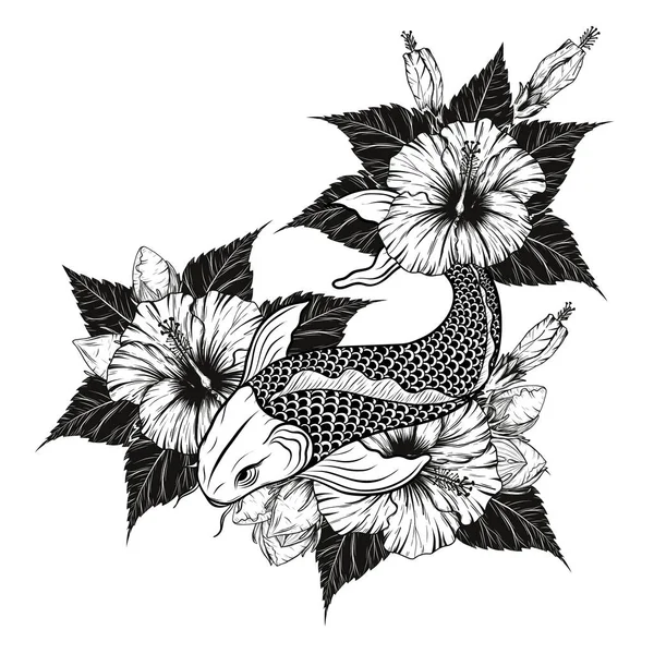 Koi Pescado Hibiscus Tatuaje Por Dibujo Mano Tattoo Arte Altamente Vectores de stock libres de derechos