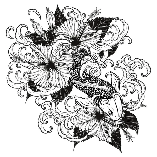 Koi Pescado Hibiscus Tatuaje Por Dibujo Mano Tattoo Arte Altamente Vectores de stock libres de derechos