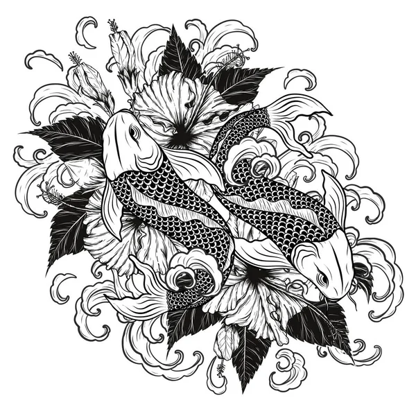 Koi Pescado Hibiscus Tatuaje Por Dibujo Mano Tattoo Arte Altamente Gráficos vectoriales