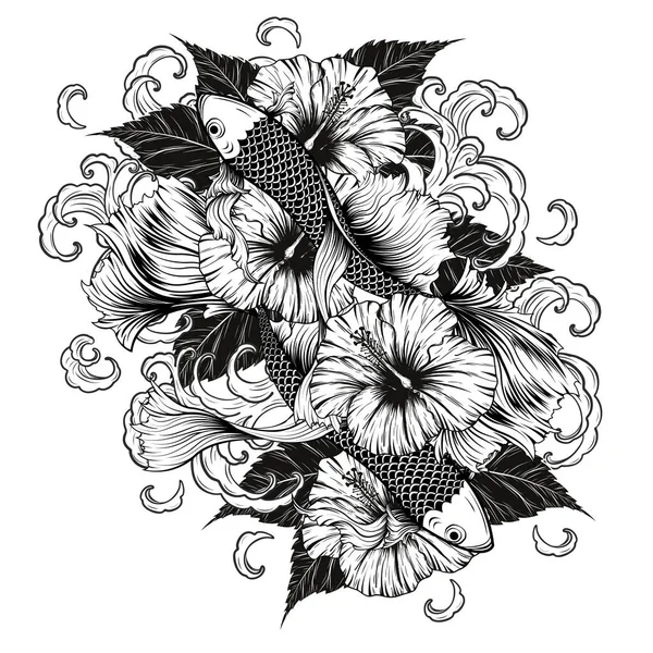 Koi Pescado Hibiscus Tatuaje Por Dibujo Mano Tattoo Arte Altamente Vector de stock