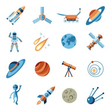 Uzay ve roket resimde unsurlar için astronomi ile dijital vektör hat Icons set
