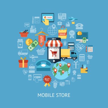 Dijital vektör hat simgeler mobil alışveriş ve illüstrasyon öğelerle çevrimiçi elektronik ticaret infographics için saklama