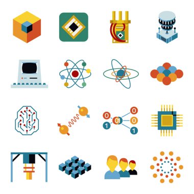Paketi illüstrasyon, basit bir çizgi düz stil dijital vektör kuantum hesaplama ve qubits Icon set