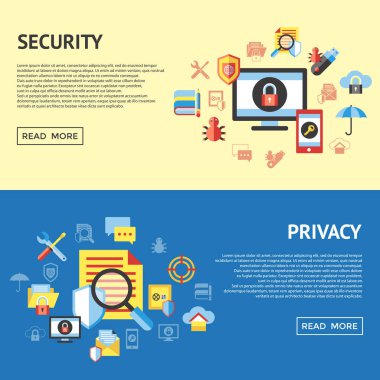 Paketi illüstrasyon, basit bir çizgi düz stil infographics dijital vektör veri securuty ve Gizlilik Koruma simgesi ayarla