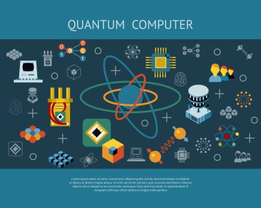 Paketi illüstrasyon, basit bir çizgi düz stil infographics dijital vektör kuantum hesaplama ve qubits Icon set