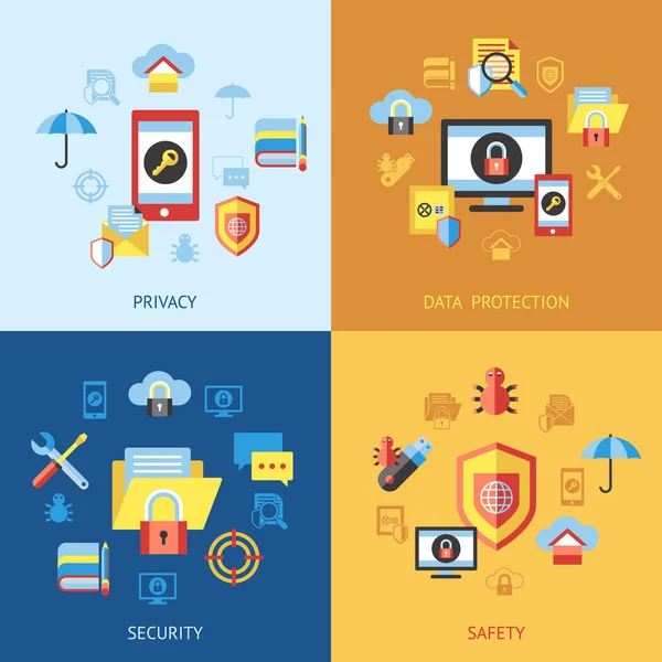 Paketi illüstrasyon, basit bir çizgi düz stil infographics dijital vektör veri securuty ve Gizlilik Koruma simgesi ayarla