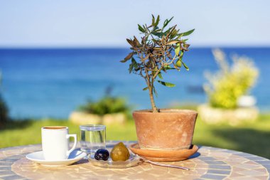 Kahve gün ışığı görünümüne tablo yerel tatlılar, su, zeytin ağacı ve kaşık. Deniz manzaralı ve gökyüzü arka plan üzerinde. Protaras, Kıbrıs Adası