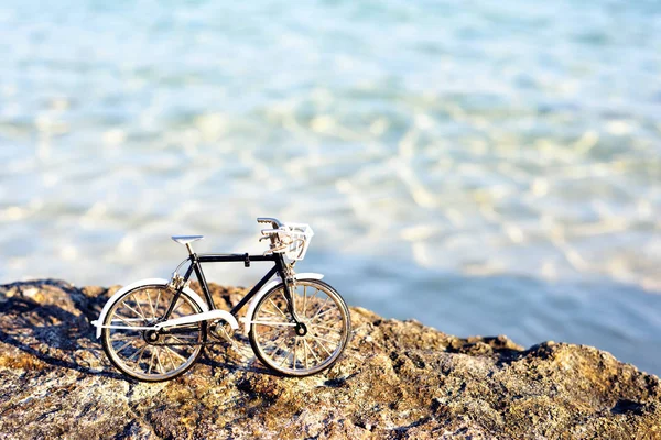 Bicicleta Clásica Aislada Del Fondo Pie Sobre Roca Agua Azulada — Foto de Stock