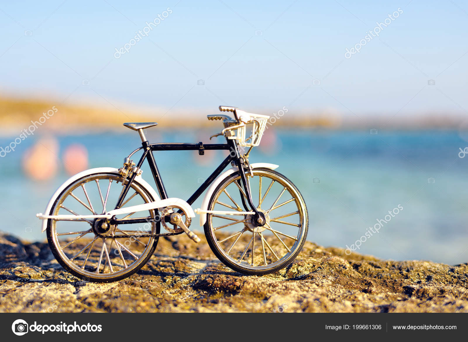 Classic Bicycle Isolated Background Standing Rock Blured Water