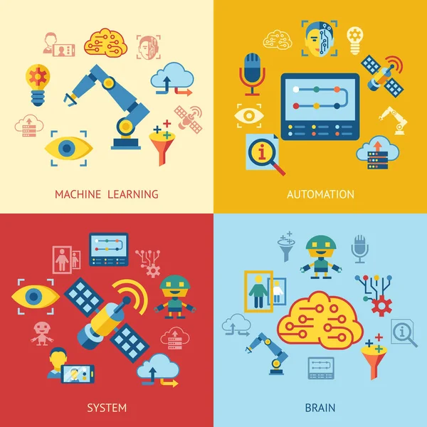 Digital Vector Deep Machine Learning Artificial Intelligence Icon Set — Stock Vector