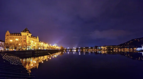 Prague City Warm Lights Glowing Streets Reflecting Water Rainy Day — Stock Photo, Image