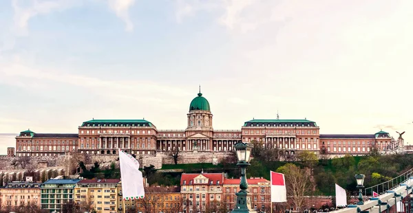 Buda Castle Sunset Warm Cloudy Sky City Buildings Bottom Negative — Stock Photo, Image