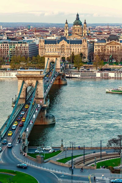 Famous Chain Bridge Danube River Ships Sunset Aerial View Negative — Stock Photo, Image