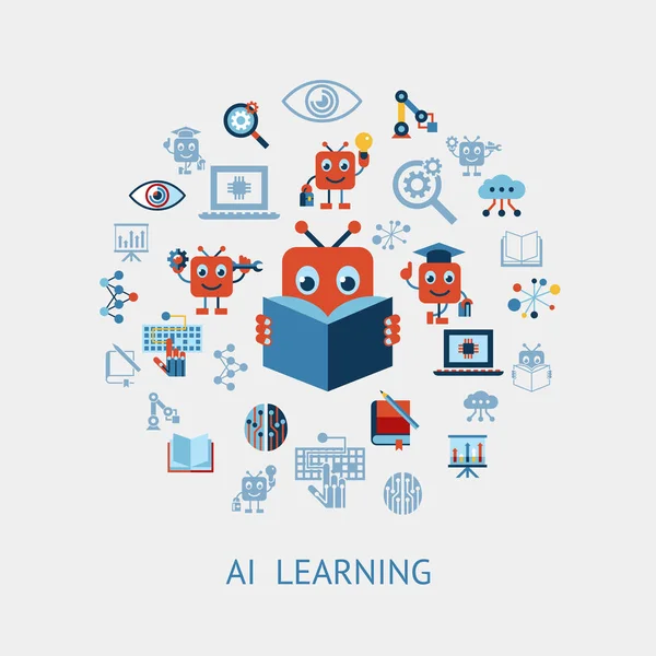Vector Digital Inteligencia Artificial Auto Aprendizaje Icono Conjunto Infografías — Vector de stock