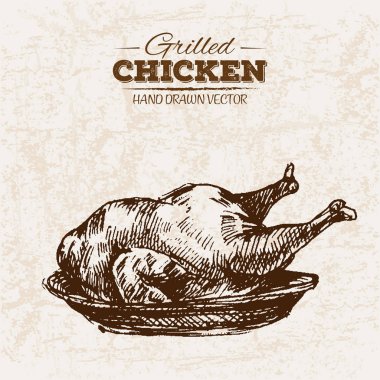 Elle çizilmiş kroki kızarmış tavuk eti, siyah ve beyaz vintage illüstrasyon ızgara