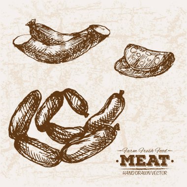 Elle çizilmiş kroki et ürünleri ayarla, çiftlik taze gıda, siyah ve beyaz vintage illüstrasyon