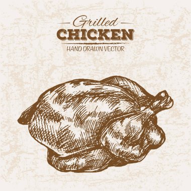 Elle çizilmiş kroki tavuk et ürünleri ayarla, çiftlik taze gıda, siyah ve beyaz vintage illüstrasyon