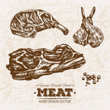 Elle çizilmiş kroki biftek et ürünleri ayarla, çiftlik taze gıda, siyah ve beyaz vintage illüstrasyon