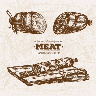 Elle çizilmiş kroki sosis et ürünleri ayarla, çiftlik taze gıda, siyah ve beyaz vintage illüstrasyon