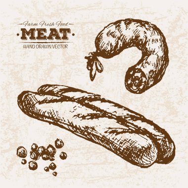 El çizilmiş kroki et sucuk ve ekmek, taze gıda, siyah ve beyaz vintage illüstrasyon çiftlik
