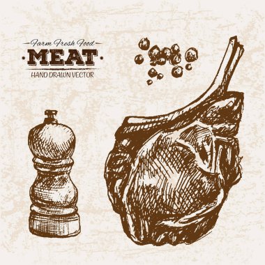 Tuz ve biber ile çizilmiş kroki biftek el, çiftlik taze gıda, siyah ve beyaz vintage illüstrasyon