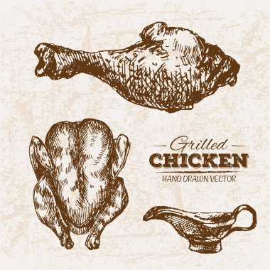 Elle çizilmiş kroki tavuk et ürünleri ayarla, çiftlik taze gıda, siyah ve beyaz vintage illüstrasyon