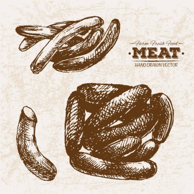Elle çizilmiş kroki et sosis ürünleri ayarla, çiftlik taze gıda, siyah ve beyaz vintage illüstrasyon
