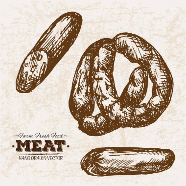 Elle çizilmiş kroki et sosis ürünleri ayarla, çiftlik taze gıda, siyah ve beyaz vintage illüstrasyon