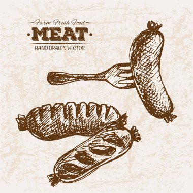 El kroki et sosis ürünleri kümesi ve çatal, çiftlik taze gıda, siyah ve beyaz vintage resimde çekilmiş