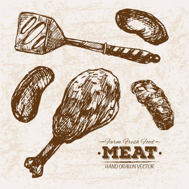 Elle çizilmiş kroki et sosis ve bacaklar ürünleri ayarla, çiftlik taze gıda, siyah ve beyaz vintage illüstrasyon