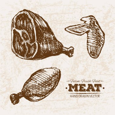 Elle çizilmiş kroki tavuk etli kanatları ve bacaklar ürünler ayarla, çiftlik taze gıda, siyah ve beyaz vintage illüstrasyon