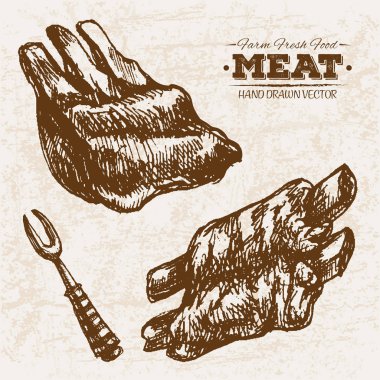 El çizilmiş kroki kaburga et ürünleri set, çiftlik taze gıda, siyah ve beyaz vintage illüstrasyon