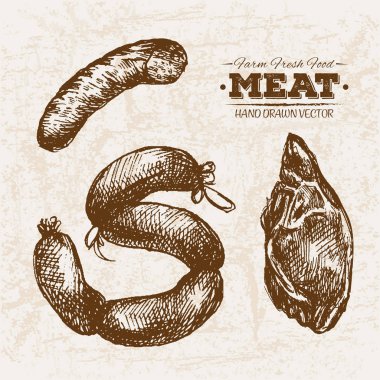 Elle çizilmiş kroki sosis et ürünleri ayarla, çiftlik taze gıda, siyah ve beyaz vintage illüstrasyon