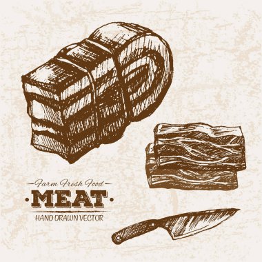 Elle çizilmiş kroki ham et ve yağ ürünleri ayarla, çiftlik taze gıda, siyah ve beyaz vintage illüstrasyon