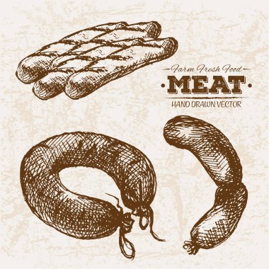 Elle çizilmiş kroki sosis et ürünleri ayarla, çiftlik taze gıda, siyah ve beyaz vintage illüstrasyon