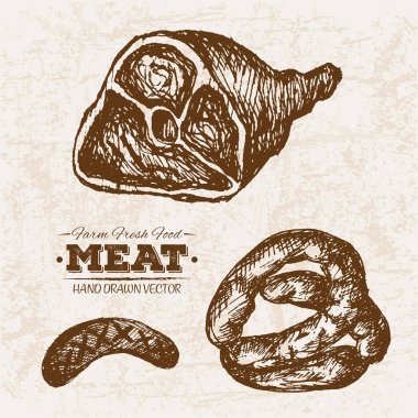 Elle çizilmiş kroki sosis et ürünleri ayarla, çiftlik taze gıda, siyah ve beyaz vintage illüstrasyon