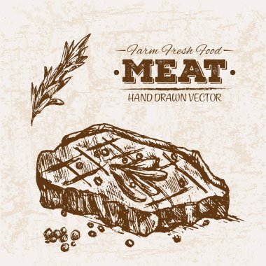 Elle çizilmiş kroki biftek et ürünleri ayarla, çiftlik taze gıda, siyah ve beyaz vintage illüstrasyon