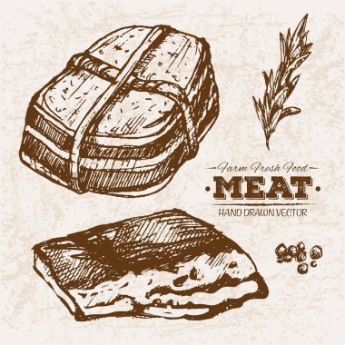 Elle çizilmiş kroki domuz jambon et ürünleri ayarla, çiftlik taze gıda, siyah ve beyaz vintage illüstrasyon