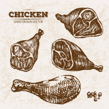 Elle çizilmiş kroki tavuk bacakları et ürünleri ayarla, çiftlik taze gıda, siyah ve beyaz vintage illüstrasyon