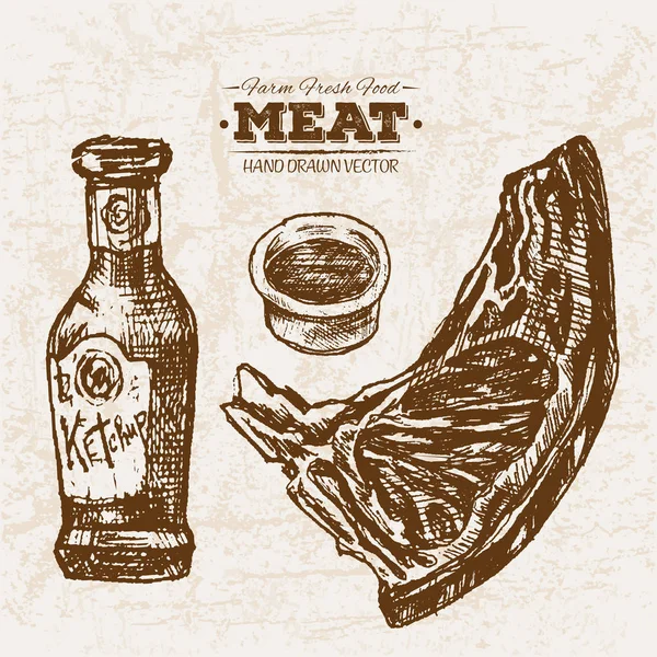 Kézzel Rajzolt Vázlat Steak Hús Ketchup Farm Friss Élelmiszerek Fekete — Stock Vector
