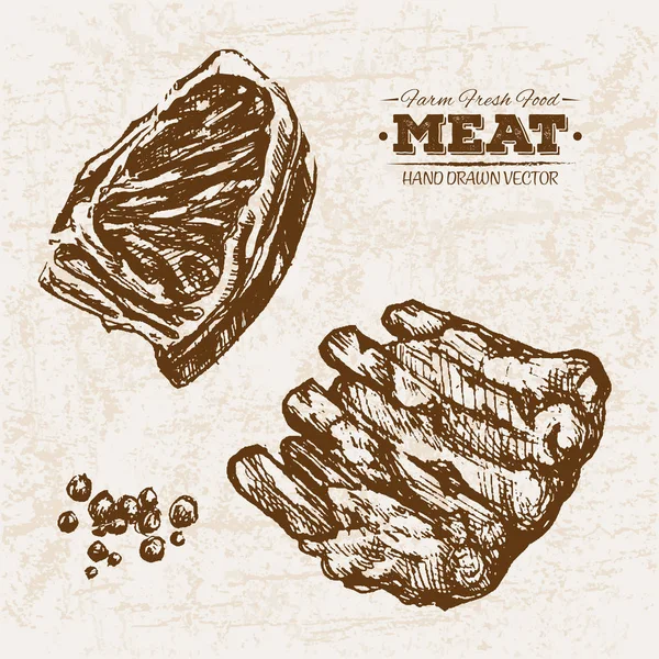 Handgezeichnete Skizze Fleischprodukte Set Bauernhof Frische Lebensmittel Schwarz Weiß Vintage — Stockvektor