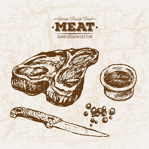 Dibujo Dibujado Mano Carne Filete Salsa Granja Alimentos Frescos Ilustración — Archivo Imágenes Vectoriales