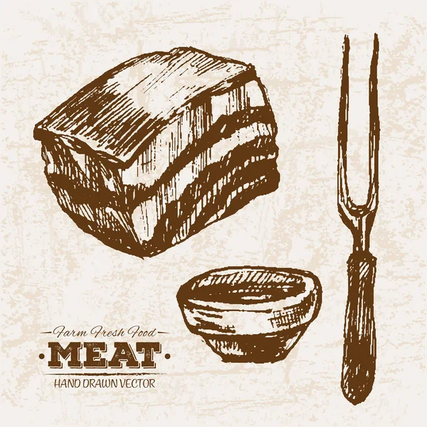 Carne Molho Presunto Esboço Desenhado Mão Comida Fresca Fazenda Ilustração —  Vetores de Stock